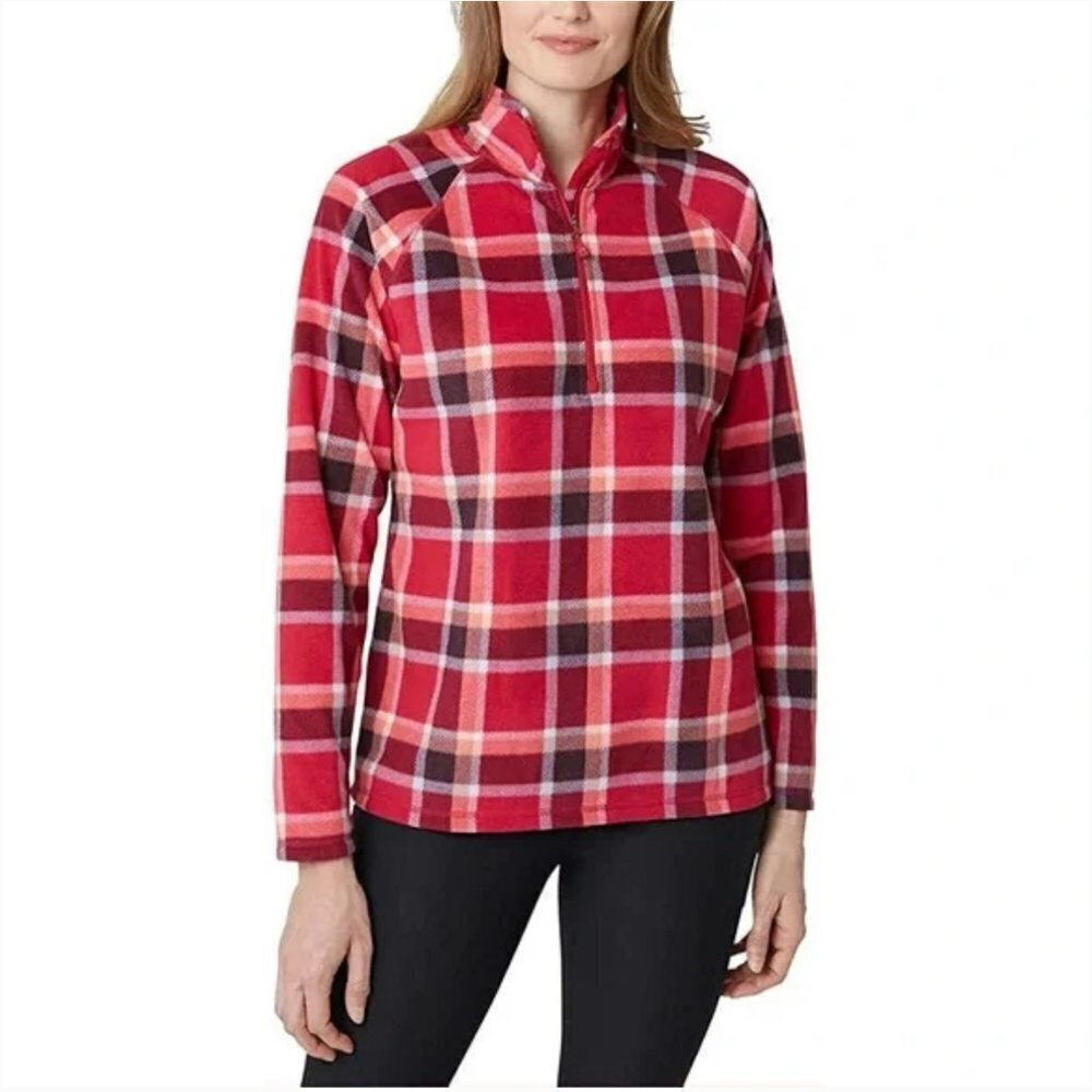 Eddie Bauer Red Plaid Ultra Soft Fleece 1/4 Zip Long Sleeve Pullover Top Medium - Picture 1 of 12